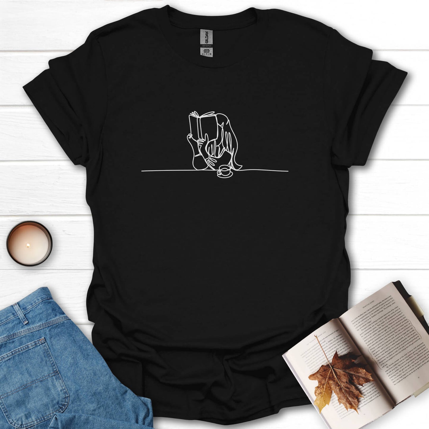 Book Girl Line Art Reading T-Shirt
