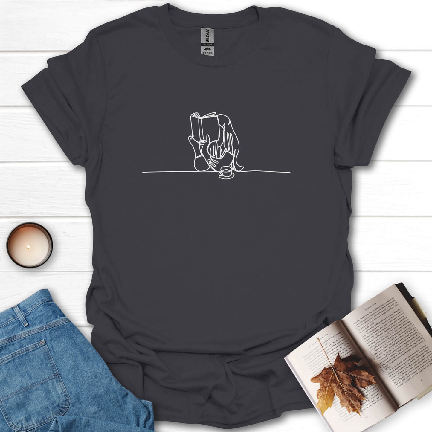 Book Girl Line Art Reading T-Shirt