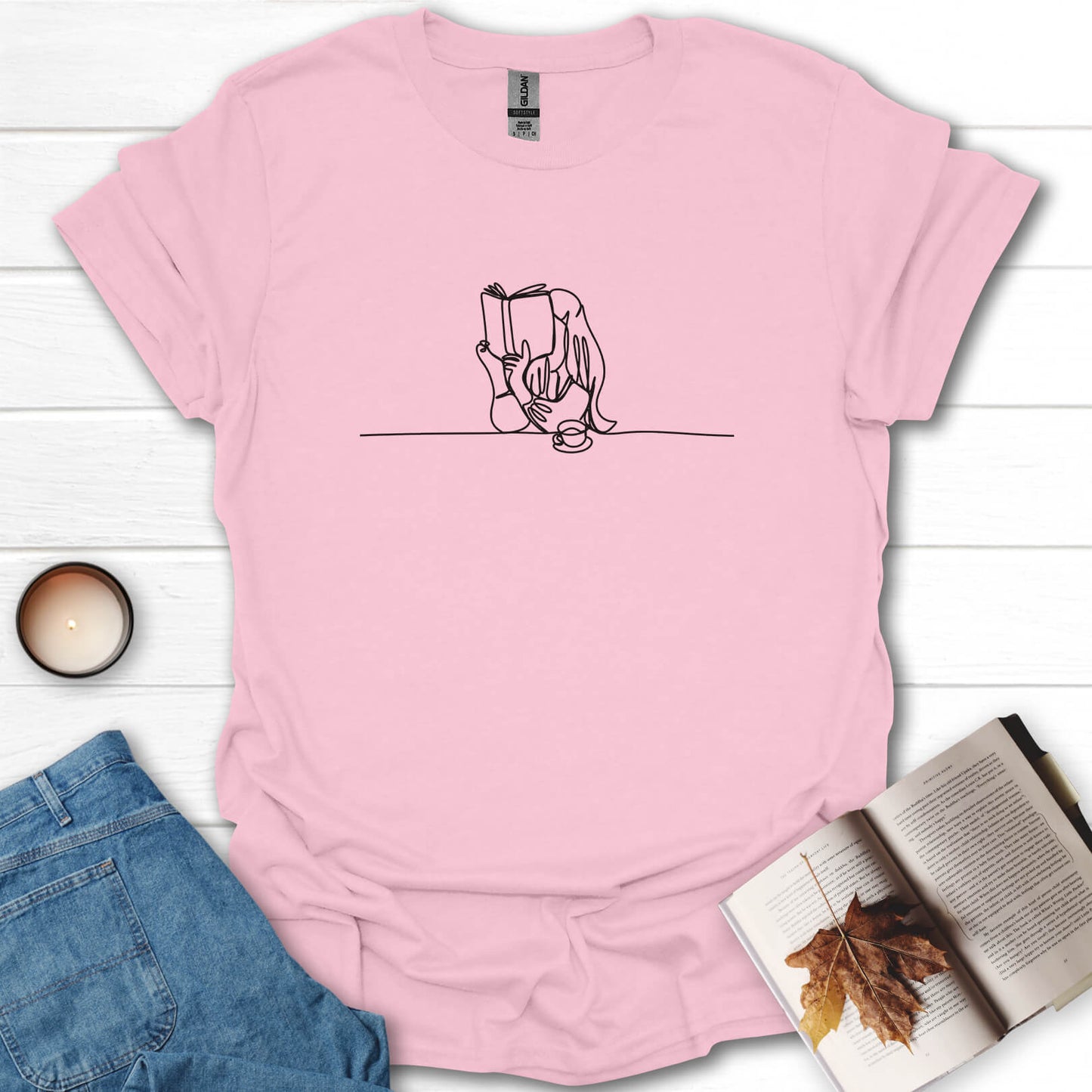 Book Girl Line Art Reading T-Shirt