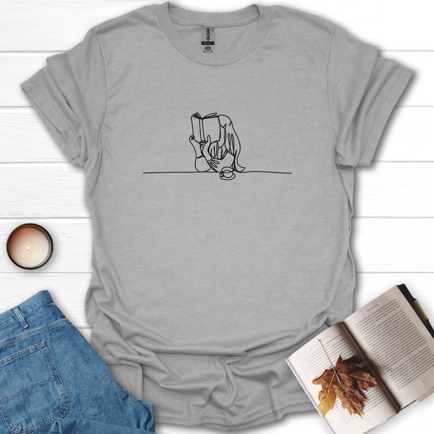 Book Girl Line Art Reading T-Shirt