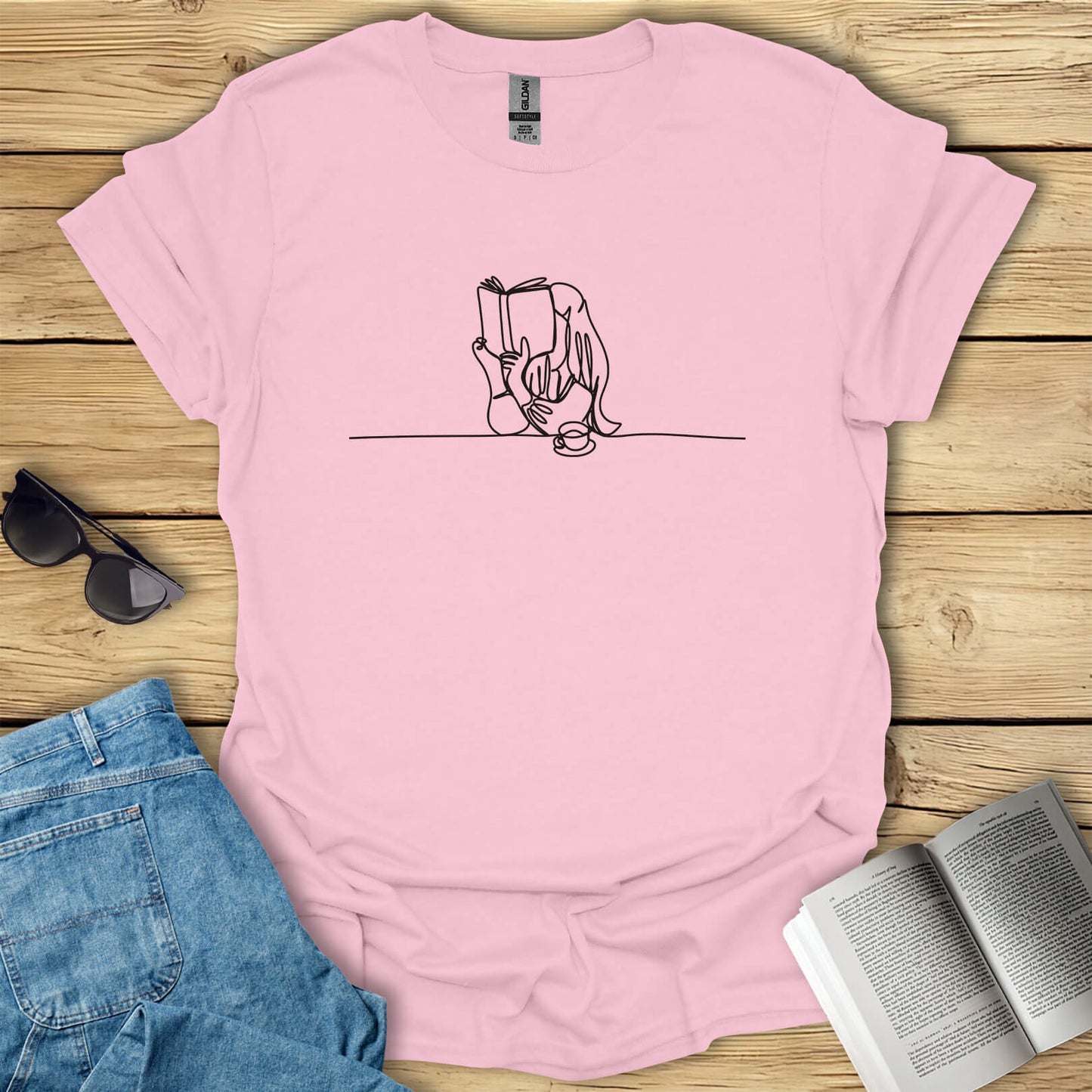 Book Girl Line Art Reading T-Shirt