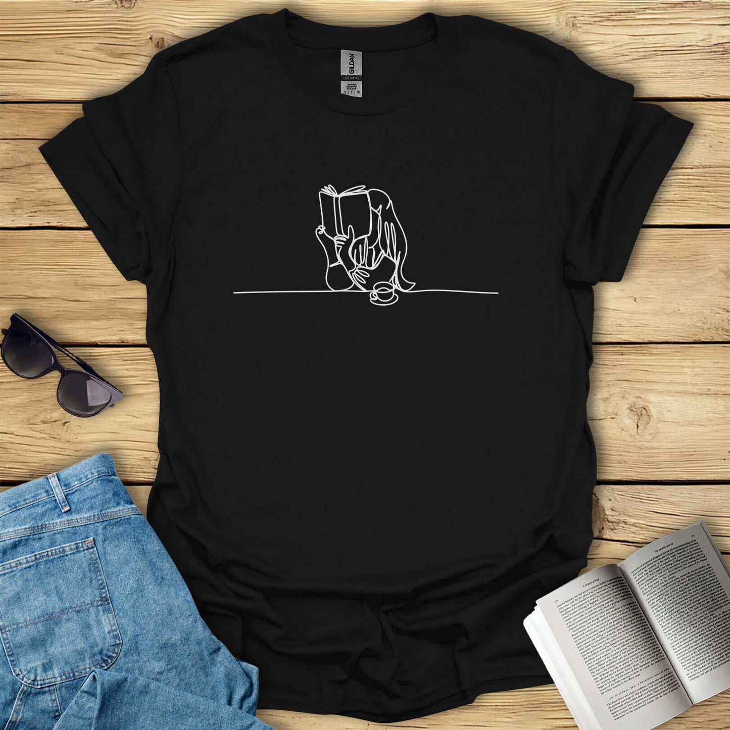 Book Girl Line Art Reading T-Shirt