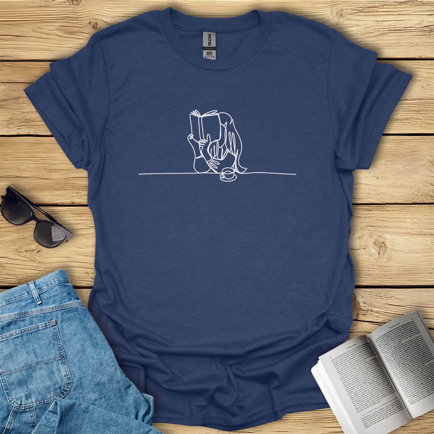 Book Girl Line Art Reading T-Shirt
