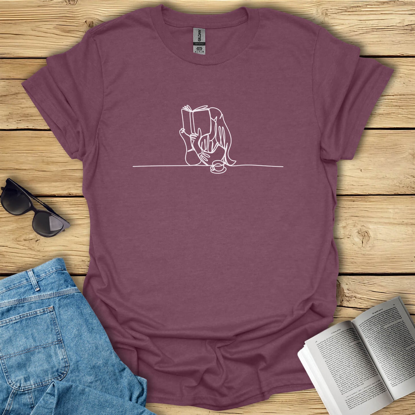 Book Girl Line Art Reading T-Shirt