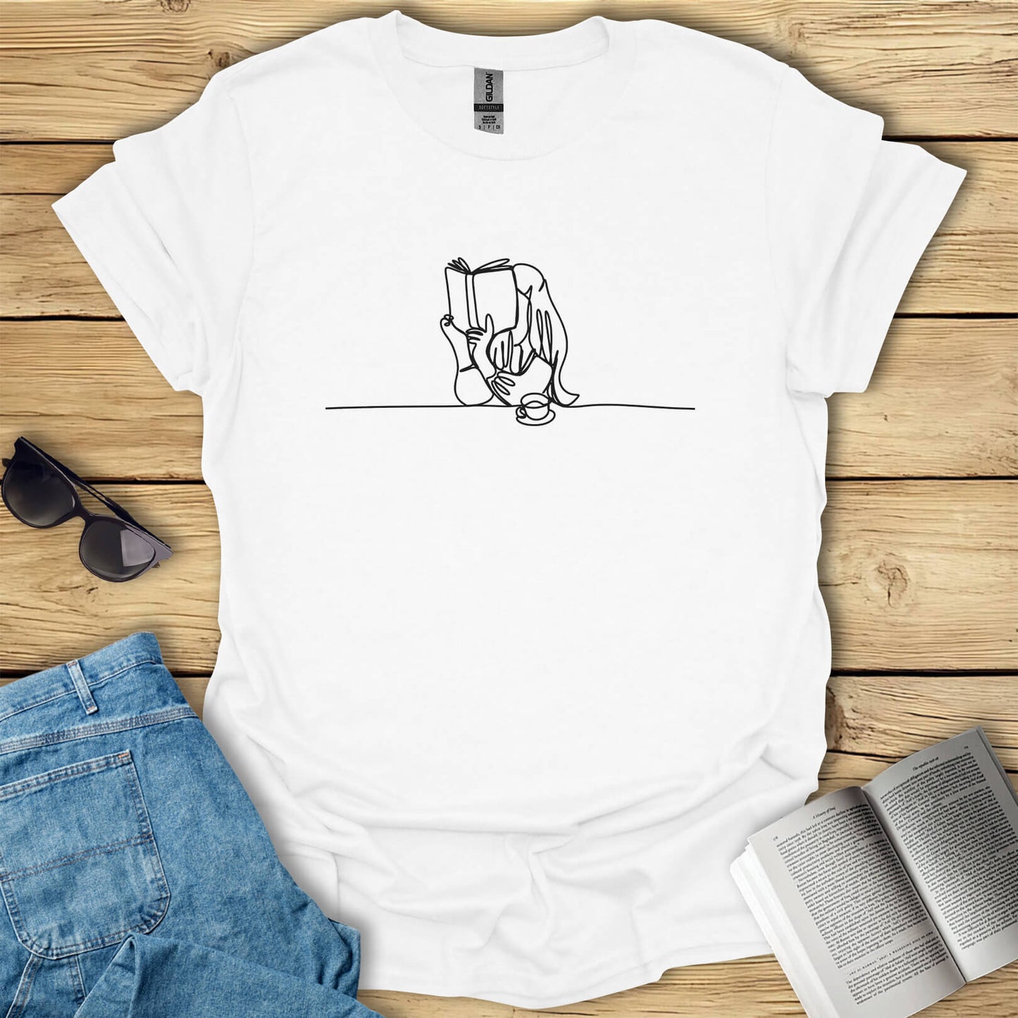 Book Girl Line Art Reading T-Shirt