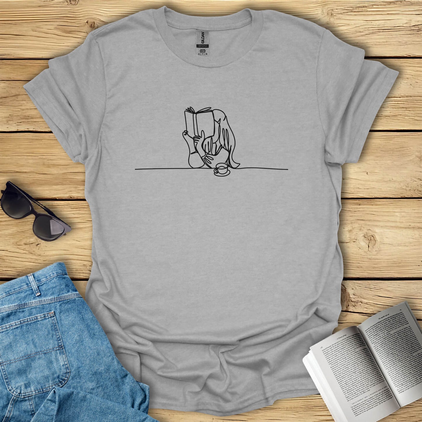 Book Girl Line Art Reading T-Shirt